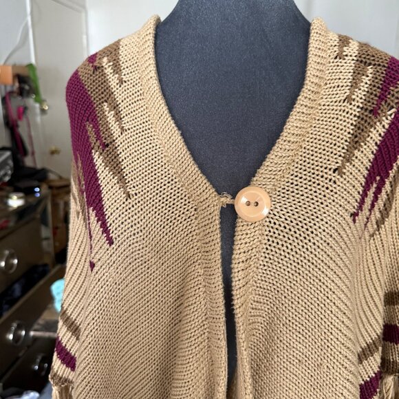 Beige Knit Fringe Poncho With Wooden Button Closure & Burgundy Stripes By Lovely - Picture 2 of 7